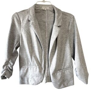 Candie's Gray Knit Jacket Small Ruched Sleeve Lace Trim Open‎ Front